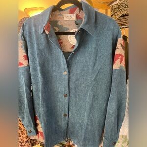Lovely J Teal Button Down Cordouroy Shacket/Top with Aztec Pattern